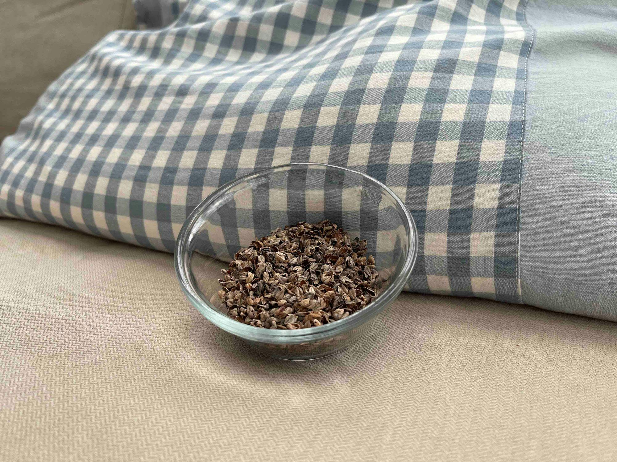 Buckwheat hull next to a buckwheat pillow